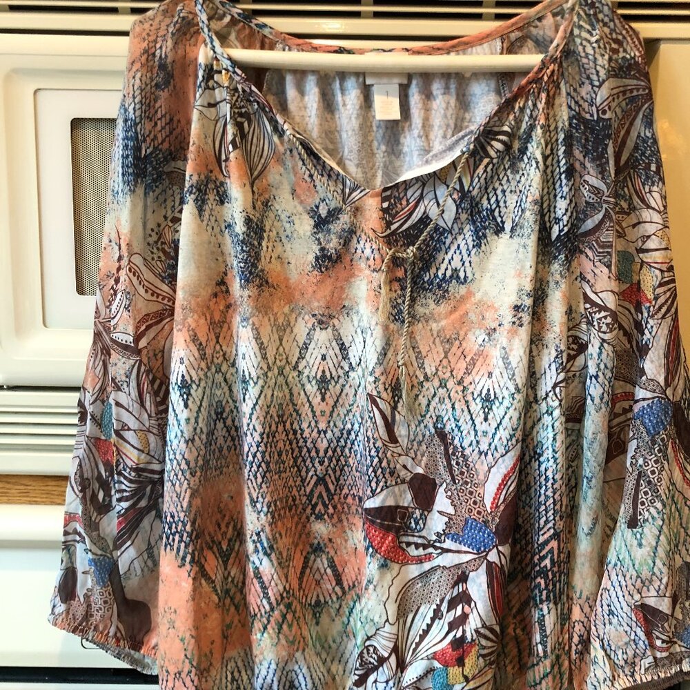 Chico's Print Long Sleeve Peasant Pullover Top Fall Colors Size 1 (M - 8)